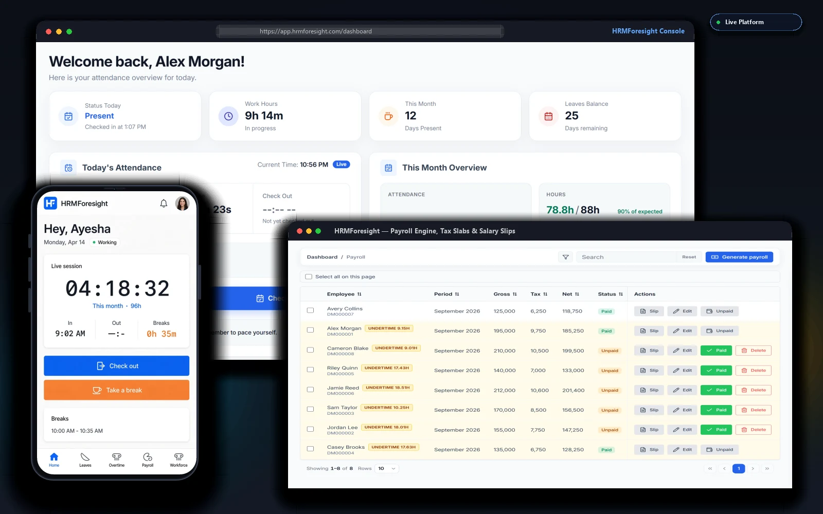 HRMForesight platform dashboard, payroll engine, and mobile companion app