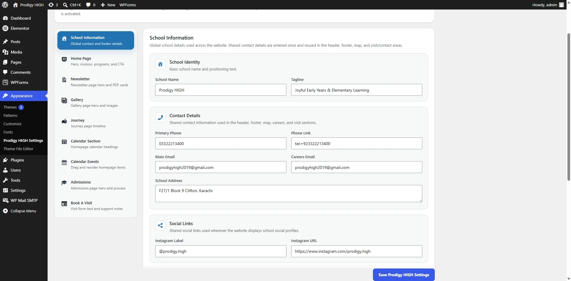 ProdigyHigh bespoke WordPress theme settings panel